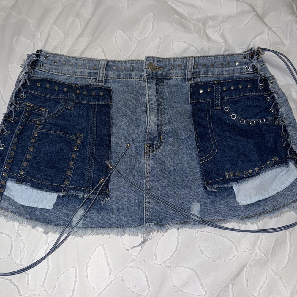 AKIRA Studded Lace-Up Denim Mini Skirt